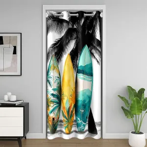 Surfboard Door Curtain Tropical Coconut Tree Doorway Curtain Hawaiian Ocean Beach Darkening Blackout Curtain Sea Surfing Sports Drape for Bedroom Privacy 1 Panel 34" W X 80" L