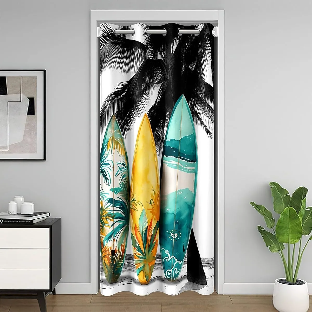 Surfboard Door Curtain Tropical Coconut Tree Doorway Curtain Hawaiian Ocean Beach Darkening Blackout Curtain Sea Surfing Sports Drape for Bedroom Privacy 1 Panel 34" W X 80" L