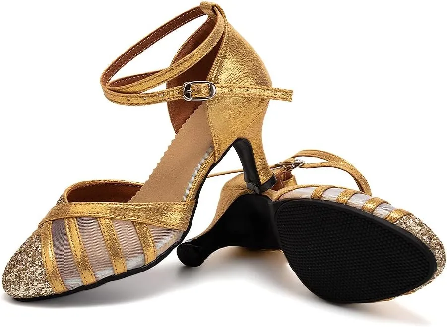 SWDZM Glitter Women Latin Dance Shoes Closed Toe Ballroom Salsa Tango Practice Performence Party Dancing Shoes,Model FT105