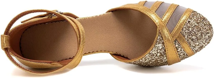 SWDZM Glitter Women Latin Dance Shoes Closed Toe Ballroom Salsa Tango Practice Performence Party Dancing Shoes,Model FT105