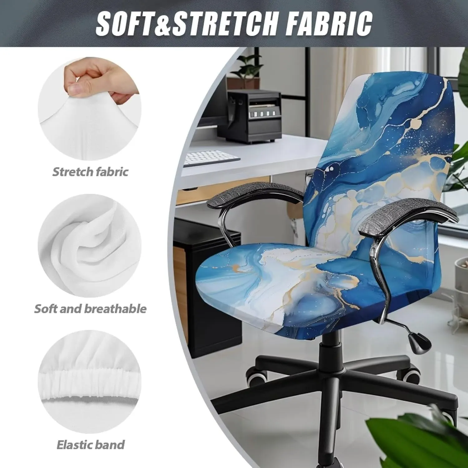 Talayituse Blue Marble Print Office Chair Cover Removable Computer Chair Cover Universal Rotating Desk High Back Seat Protector Breathable Chair Protector Cover, L