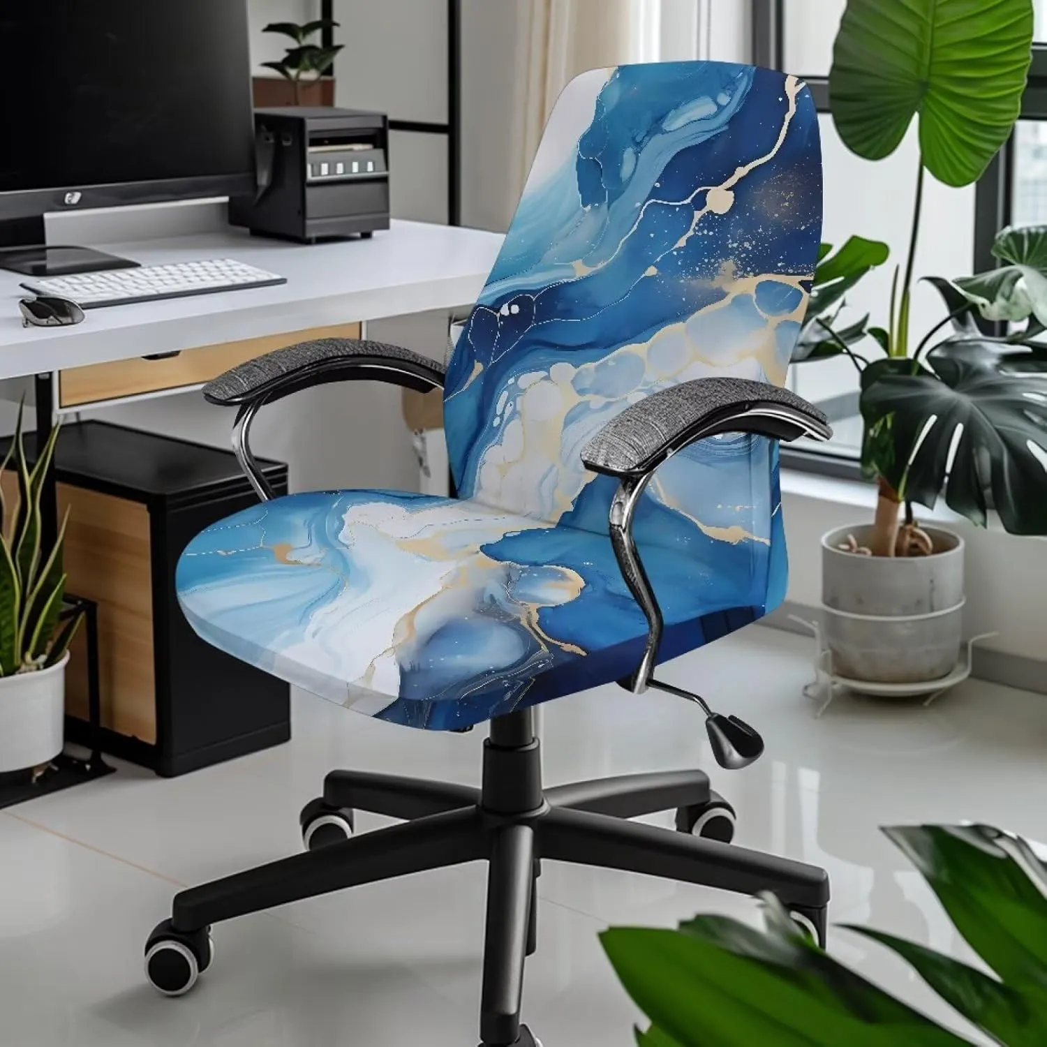 Talayituse Blue Marble Print Office Chair Cover Removable Computer Chair Cover Universal Rotating Desk High Back Seat Protector Breathable Chair Protector Cover, L