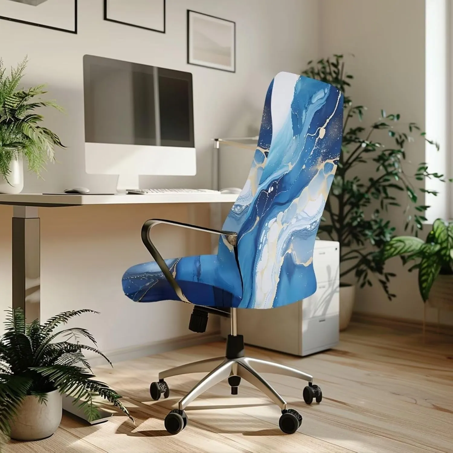 Talayituse Blue Marble Print Office Chair Cover Removable Computer Chair Cover Universal Rotating Desk High Back Seat Protector Breathable Chair Protector Cover, L