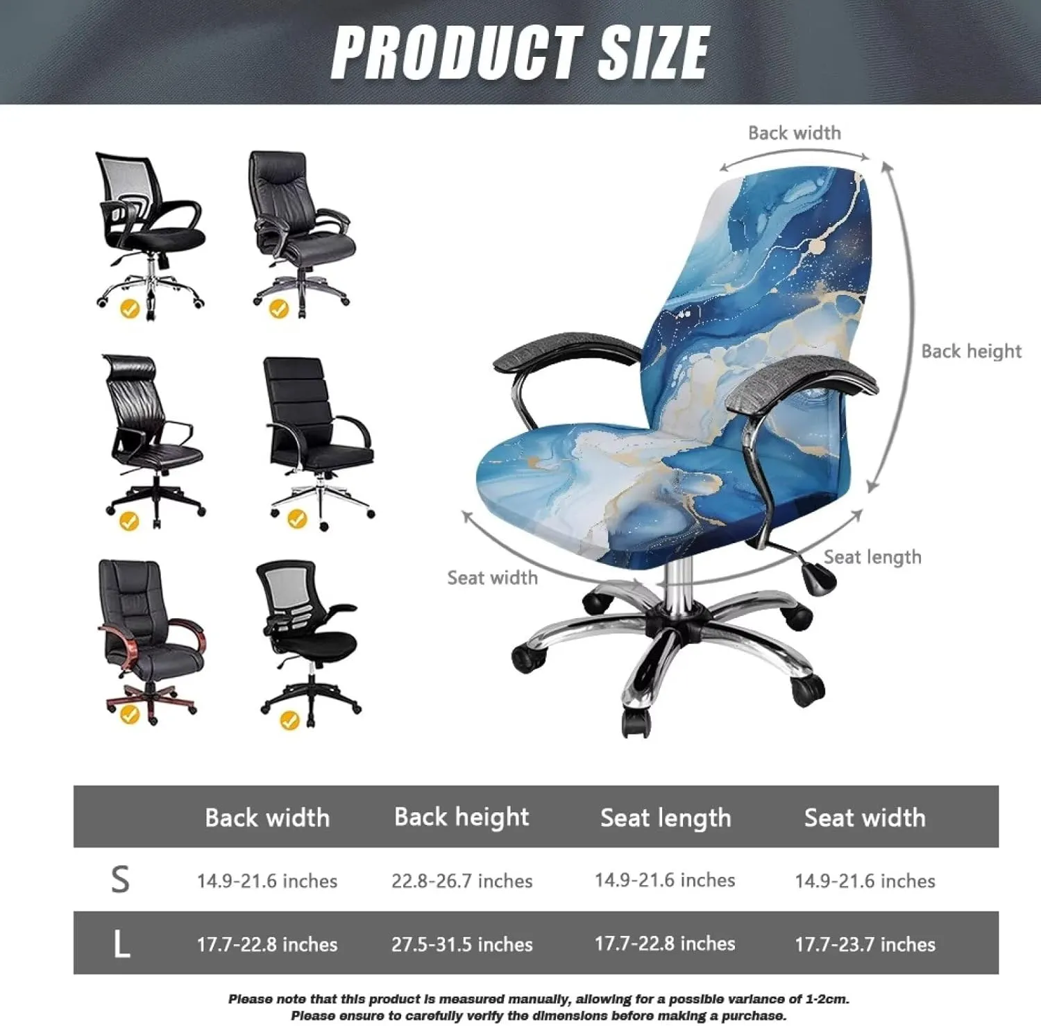 Talayituse Blue Marble Print Office Chair Cover Removable Computer Chair Cover Universal Rotating Desk High Back Seat Protector Breathable Chair Protector Cover, L