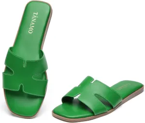 Tanamo Women's Slide Sandals, Comfortable Flats Summer Dressy Casual Beach Open Toe Shoes Slip On Leather Flat Sandals