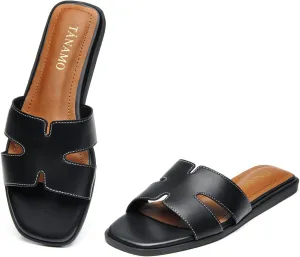Tanamo Women's Slide Sandals, Comfortable Flats Summer Dressy Casual Beach Open Toe Shoes Slip On Leather Flat Sandals