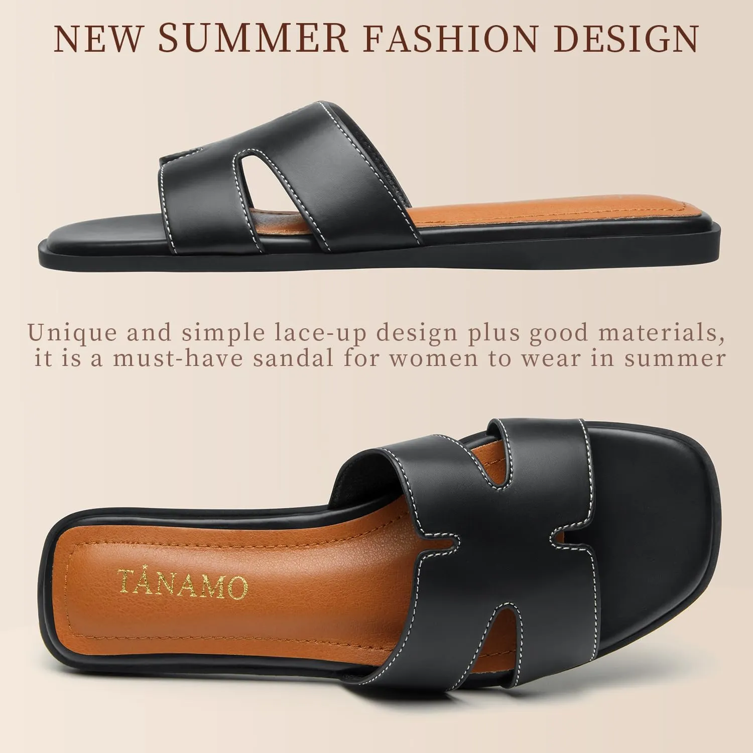 Tanamo Women's Slide Sandals, Comfortable Flats Summer Dressy Casual Beach Open Toe Shoes Slip On Leather Flat Sandals