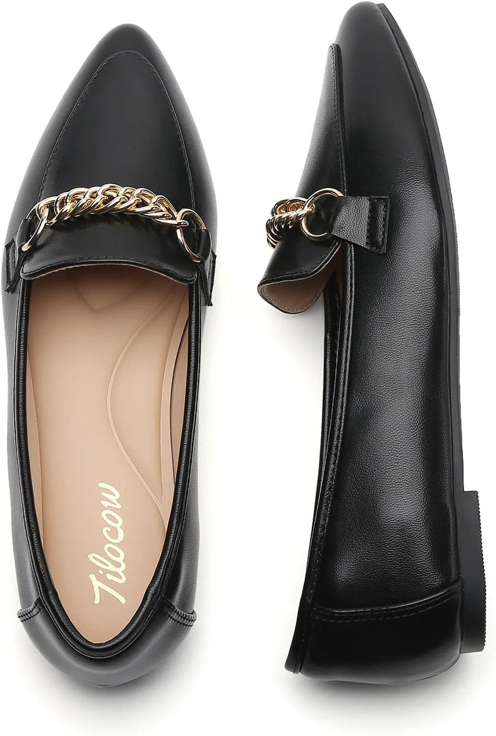 Tilocow Metal Chain Loafers for Women Pointed Toe Slip on Flats Comfortable Fashion Work Shoes
