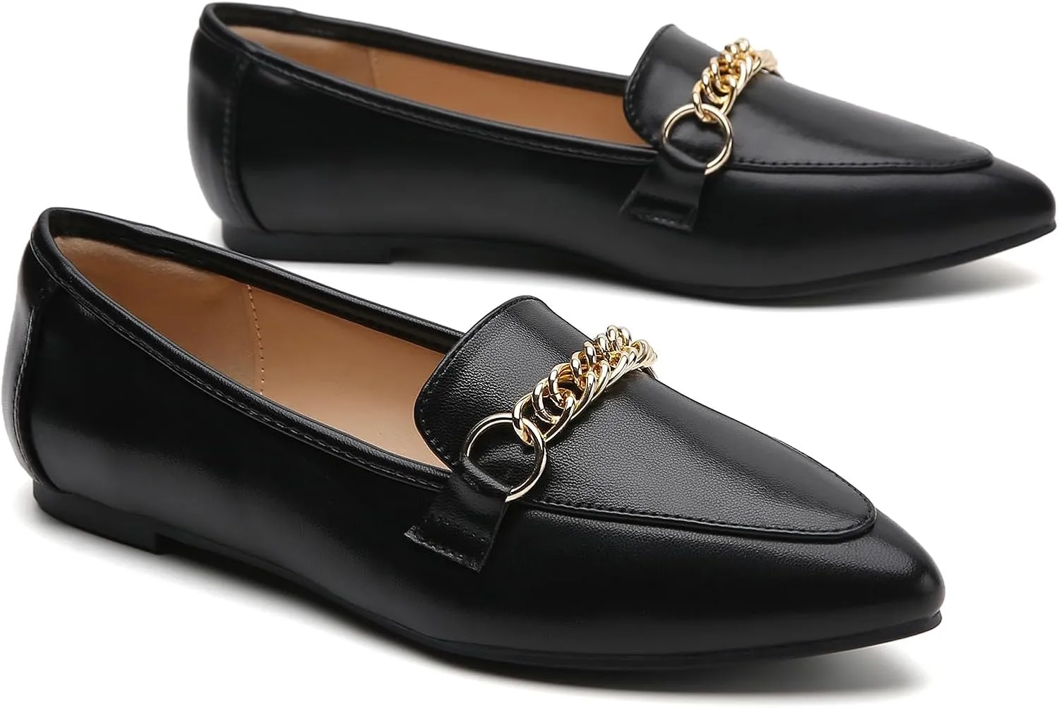 Tilocow Metal Chain Loafers for Women Pointed Toe Slip on Flats Comfortable Fashion Work Shoes