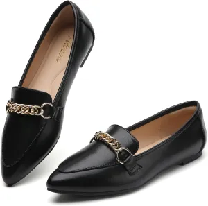 Tilocow Metal Chain Loafers for Women Pointed Toe Slip on Flats Comfortable Fashion Work Shoes