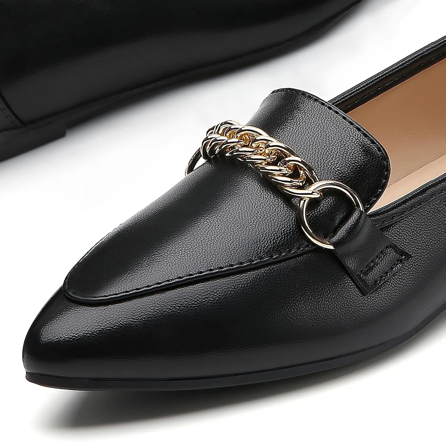 Tilocow Metal Chain Loafers for Women Pointed Toe Slip on Flats Comfortable Fashion Work Shoes
