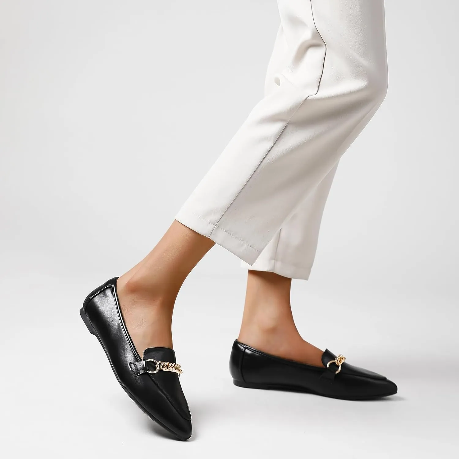 Tilocow Metal Chain Loafers for Women Pointed Toe Slip on Flats Comfortable Fashion Work Shoes