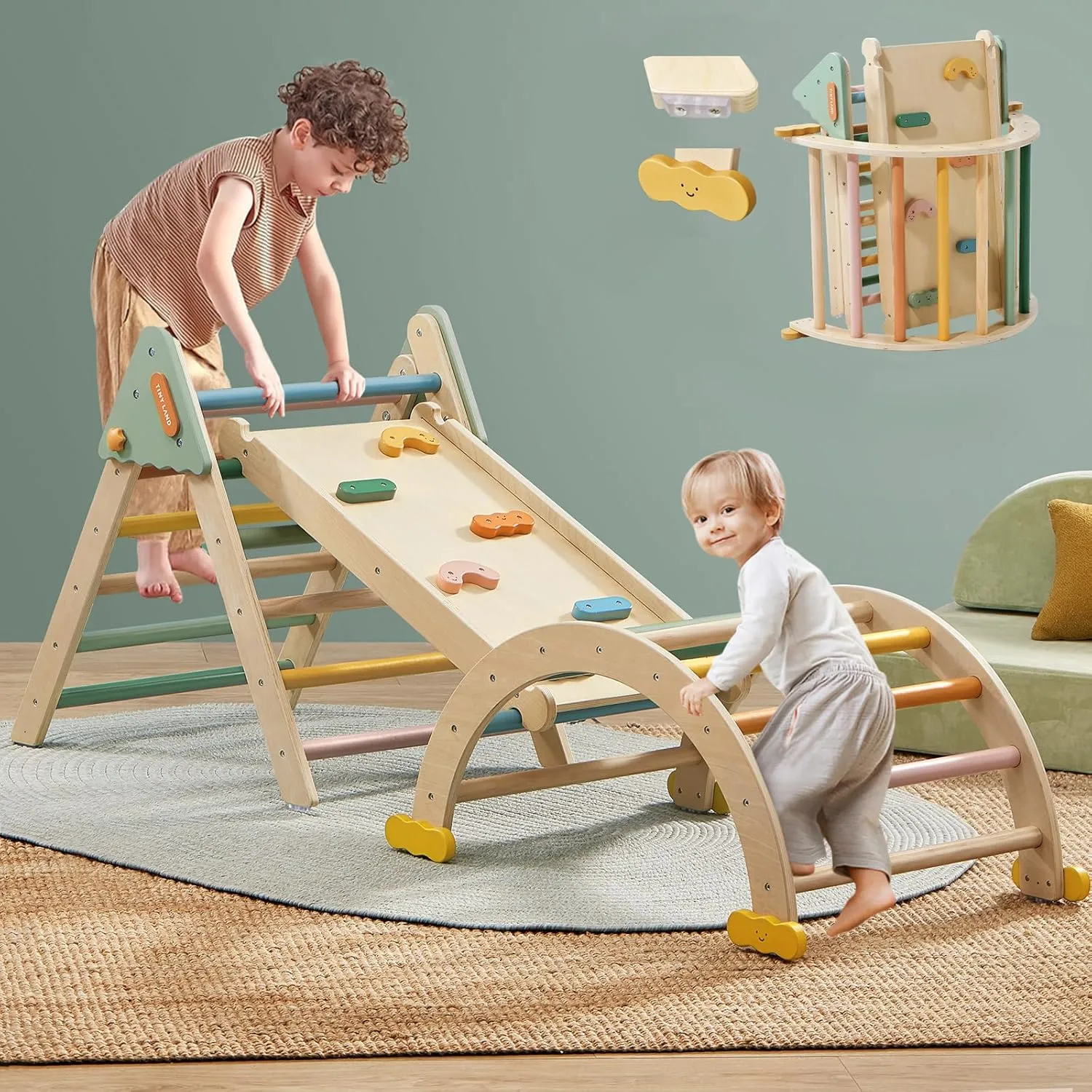 Tiny Land Pikler Triangle Set,7-in-1 Foldable Montessori Toddler Climbing Toys Indoor, Wooden Playground Jungle Gym for Kids, Climber Gift for Boys & Girls Toddler Climbing Toys (Morandi)