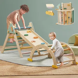 Tiny Land Pikler Triangle Set,7-in-1 Foldable Montessori Toddler Climbing Toys Indoor, Wooden Playground Jungle Gym for Kids, Climber Gift for Boys & Girls Toddler Climbing Toys (Morandi)