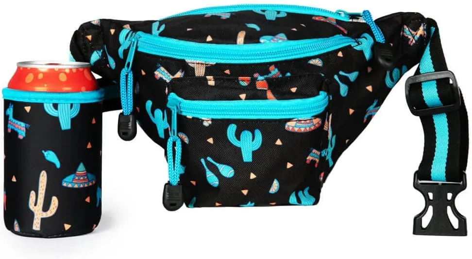 Tipsy Elves Midnight Fiesta Fanny Pack w/Drink Holder - Festive Black Belt Bag - Flexible Secure Attached Beverage Holster