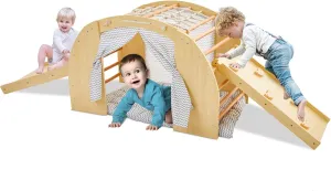 Toddler Climbing Toys 1 Arch Climber with 2 Ramps for Sliding or Climbing, Indoor Wooden Play Gym House with Tent Cushion and Door Curtains