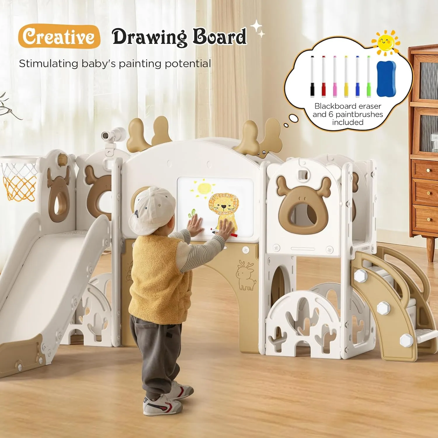 Toddler Slide, 11 in 1 Toddler Playset with Kids Slide, Drawing Board, Golf Set, Basketball Hoop and Storage Space for Age 1-3, Indoor and Outdoor Playground