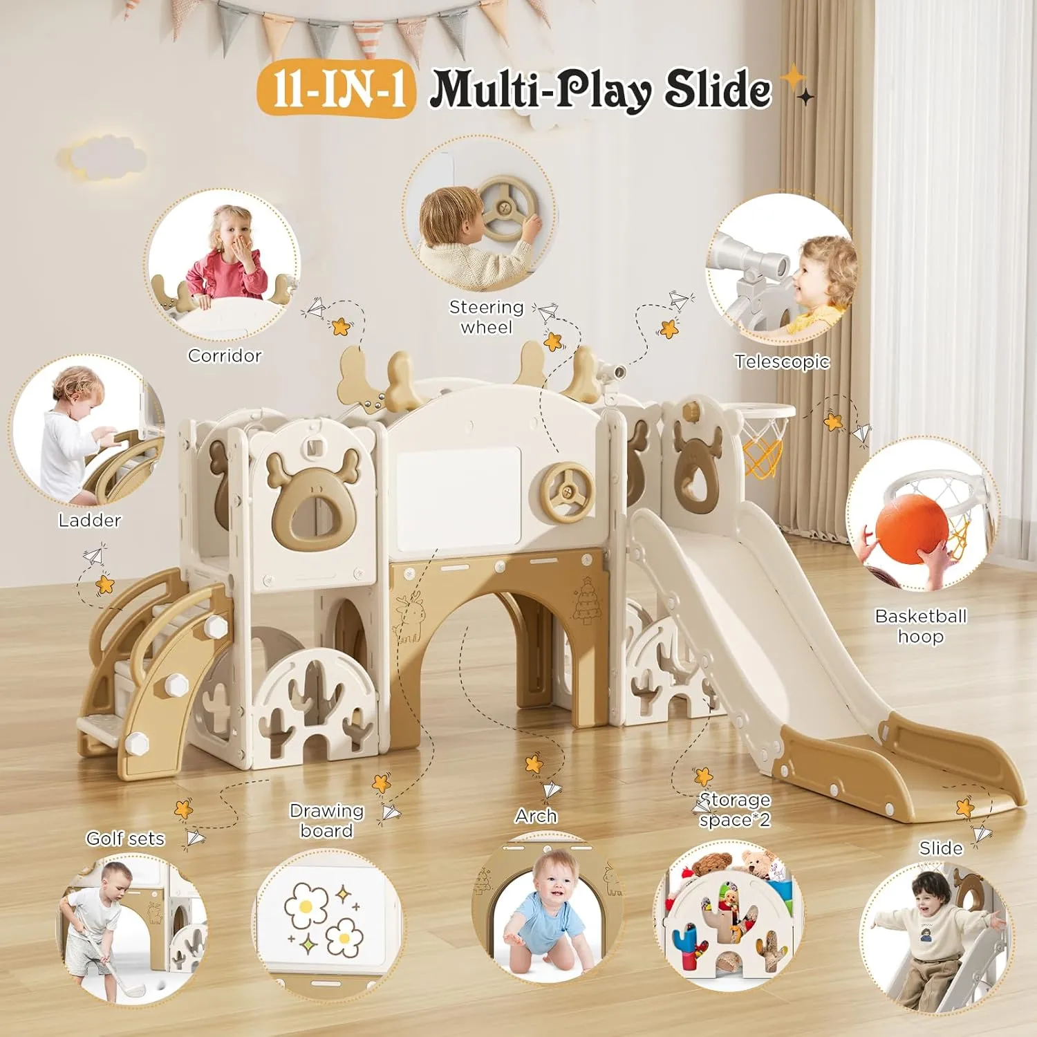 Toddler Slide, 11 in 1 Toddler Playset with Kids Slide, Drawing Board, Golf Set, Basketball Hoop and Storage Space for Age 1-3, Indoor and Outdoor Playground