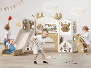 Toddler Slide, 11 in 1 Toddler Playset with Kids Slide, Drawing Board, Golf Set, Basketball Hoop and Storage Space for Age 1-3, Indoor and Outdoor Playground