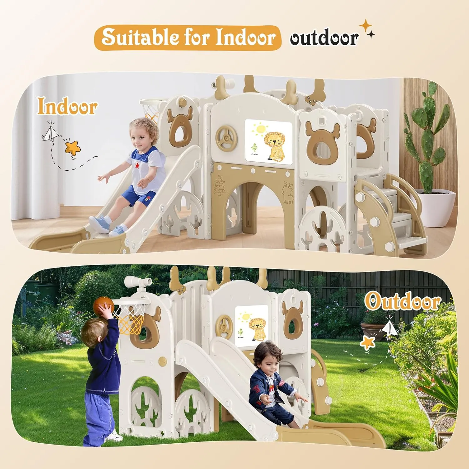 Toddler Slide, 11 in 1 Toddler Playset with Kids Slide, Drawing Board, Golf Set, Basketball Hoop and Storage Space for Age 1-3, Indoor and Outdoor Playground