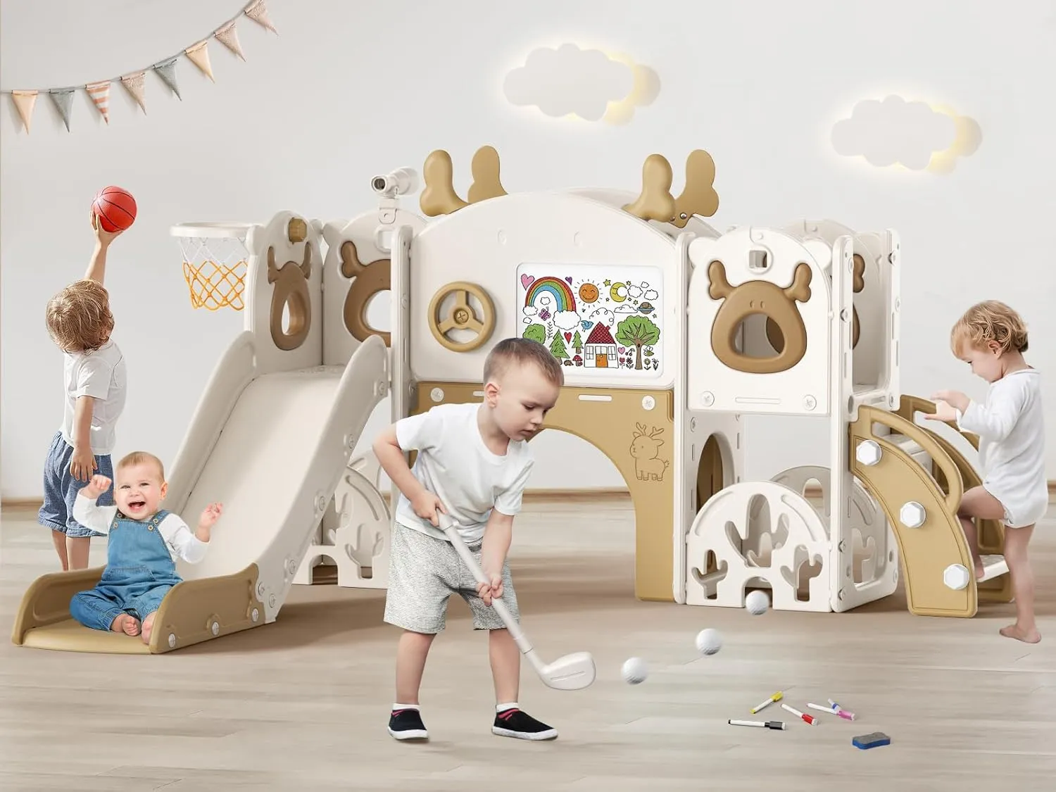 Toddler Slide, 11 in 1 Toddler Playset with Kids Slide, Drawing Board, Golf Set, Basketball Hoop and Storage Space for Age 1-3, Indoor and Outdoor Playground