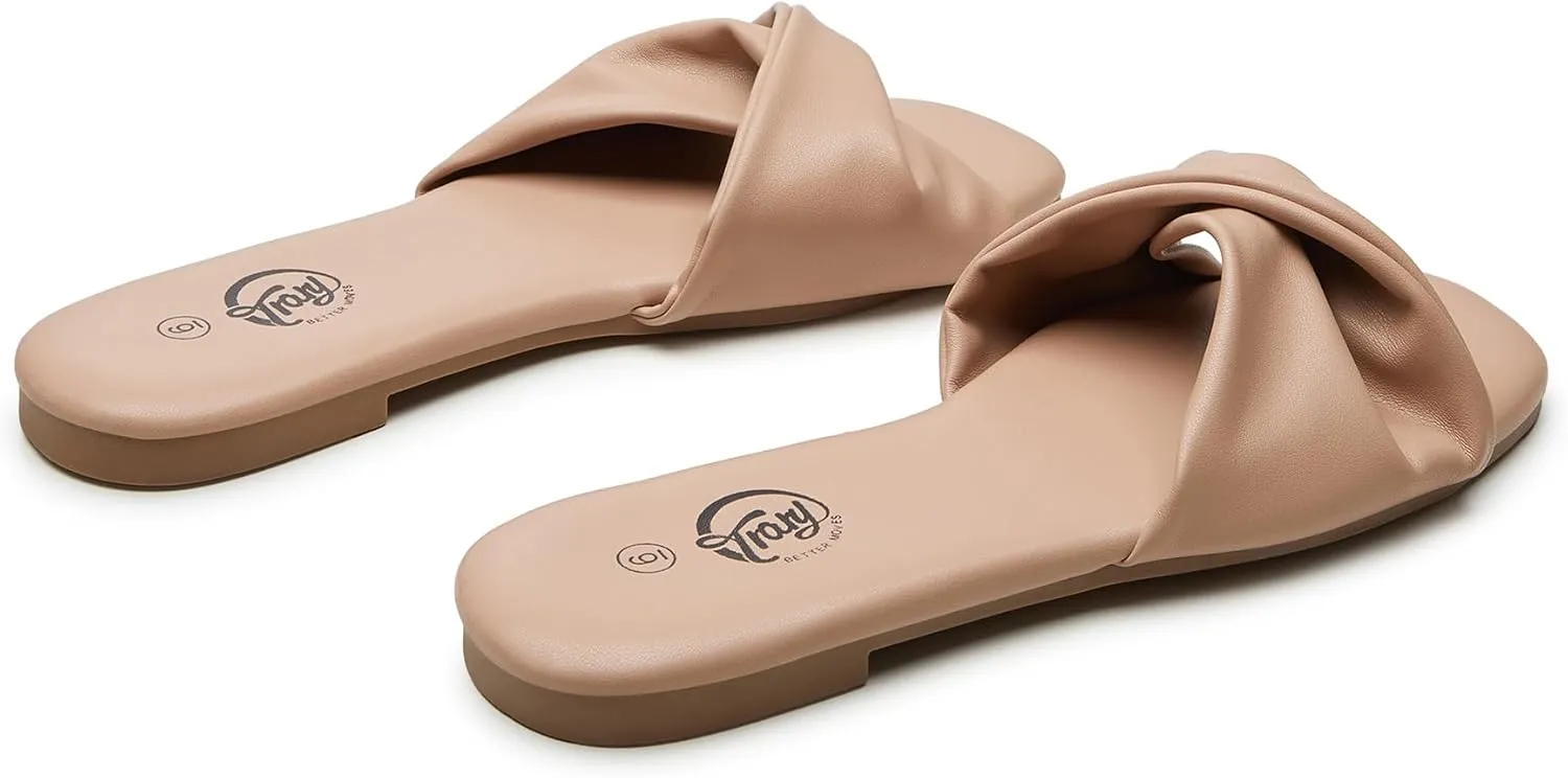 Trary Sandals Women,Leather Slides Women Comfortable Memory Foam Sandals for Women Footwear,Fashion Flat Summer Sandals for Women 2025