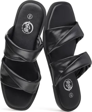 Trary Sandals Women,Leather Slides Women Comfortable Memory Foam Sandals for Women Footwear,Fashion Flat Summer Sandals for Women 2025