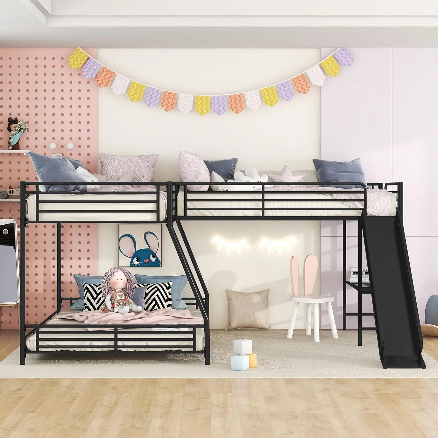 Triple Bunk Beds, L-Shape Twin Over Full Bunk Bed Attached a Loft Bed with Desk, Triple Bunk Beds with Slide, Metal Corner Bunk Bed Frame for Three Kids Boys Girls Teens, Black