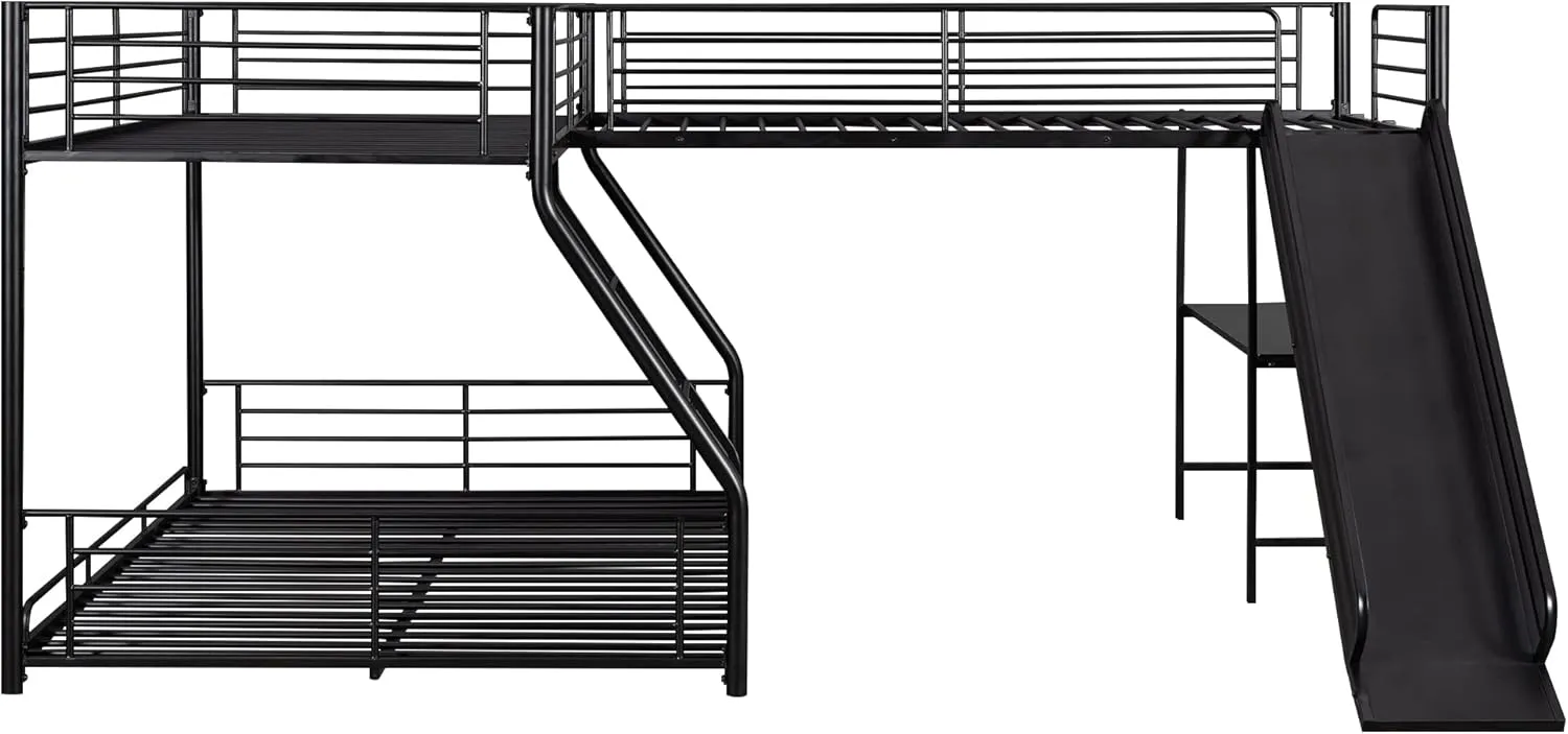 Triple Bunk Beds, L-Shape Twin Over Full Bunk Bed Attached a Loft Bed with Desk, Triple Bunk Beds with Slide, Metal Corner Bunk Bed Frame for Three Kids Boys Girls Teens, Black
