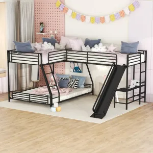 Triple Bunk Beds, L-Shape Twin Over Full Bunk Bed Attached a Loft Bed with Desk, Triple Bunk Beds with Slide, Metal Corner Bunk Bed Frame for Three Kids Boys Girls Teens, Black