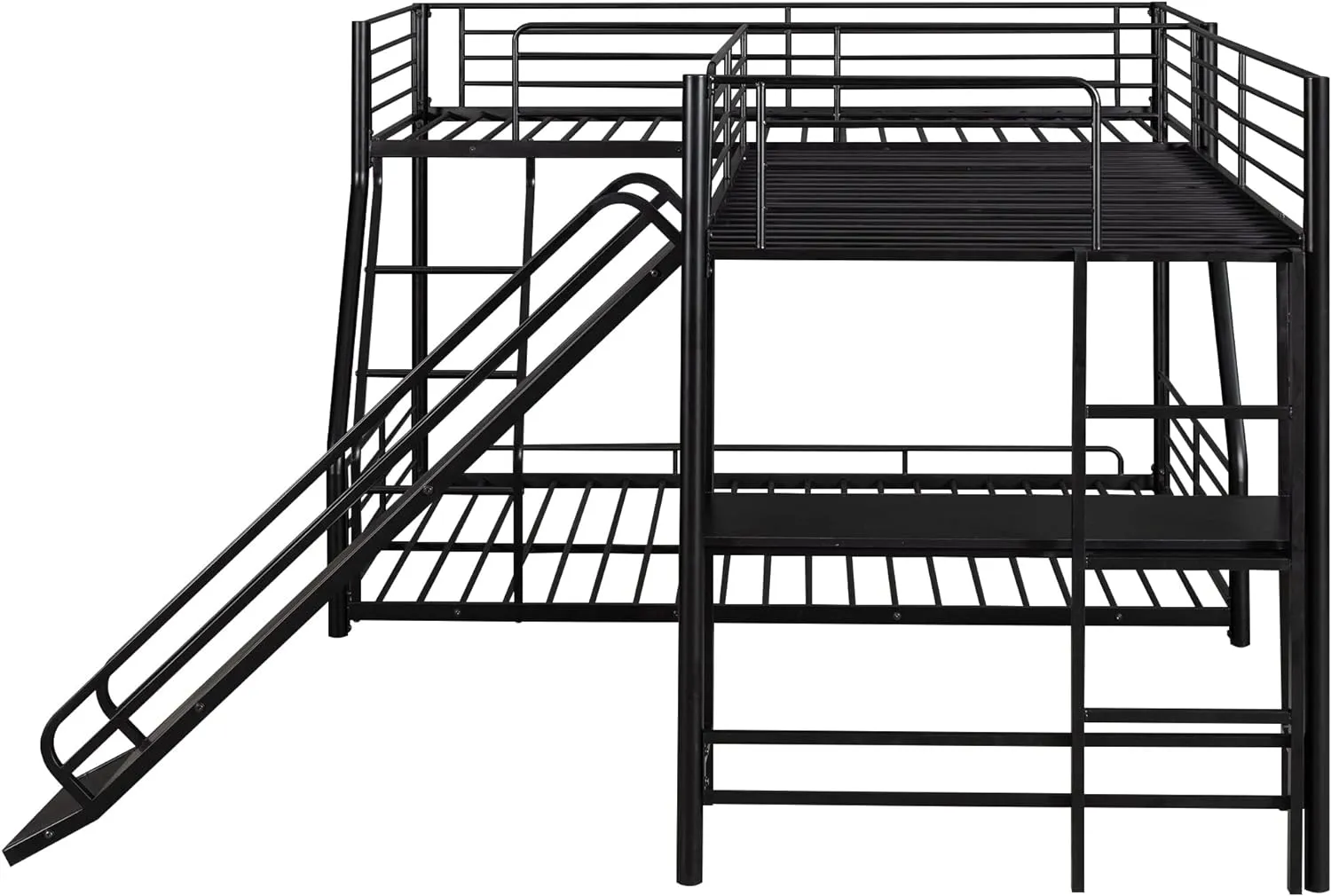 Triple Bunk Beds, L-Shape Twin Over Full Bunk Bed Attached a Loft Bed with Desk, Triple Bunk Beds with Slide, Metal Corner Bunk Bed Frame for Three Kids Boys Girls Teens, Black