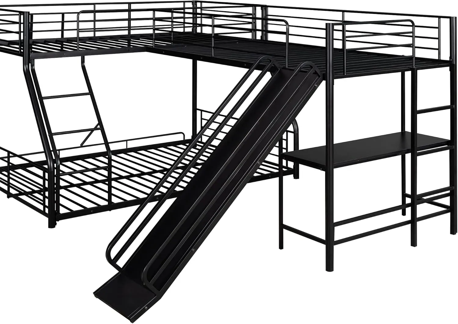 Triple Bunk Beds, L-Shape Twin Over Full Bunk Bed Attached a Loft Bed with Desk, Triple Bunk Beds with Slide, Metal Corner Bunk Bed Frame for Three Kids Boys Girls Teens, Black