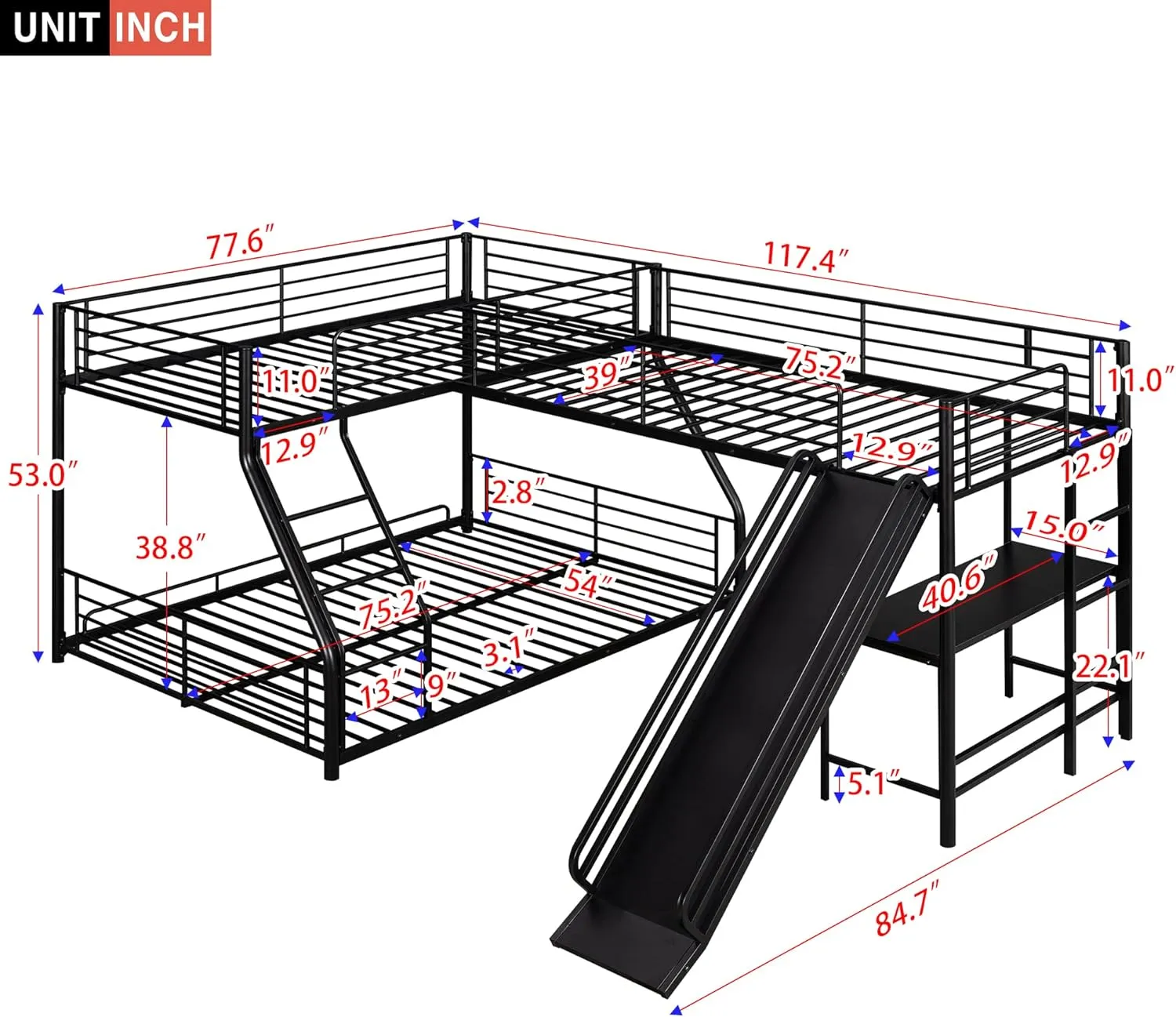 Triple Bunk Beds, L-Shape Twin Over Full Bunk Bed Attached a Loft Bed with Desk, Triple Bunk Beds with Slide, Metal Corner Bunk Bed Frame for Three Kids Boys Girls Teens, Black