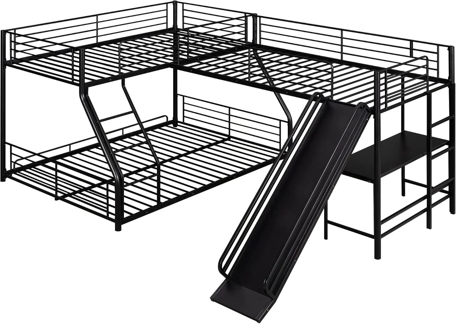 Triple Bunk Beds, L-Shape Twin Over Full Bunk Bed Attached a Loft Bed with Desk, Triple Bunk Beds with Slide, Metal Corner Bunk Bed Frame for Three Kids Boys Girls Teens, Black