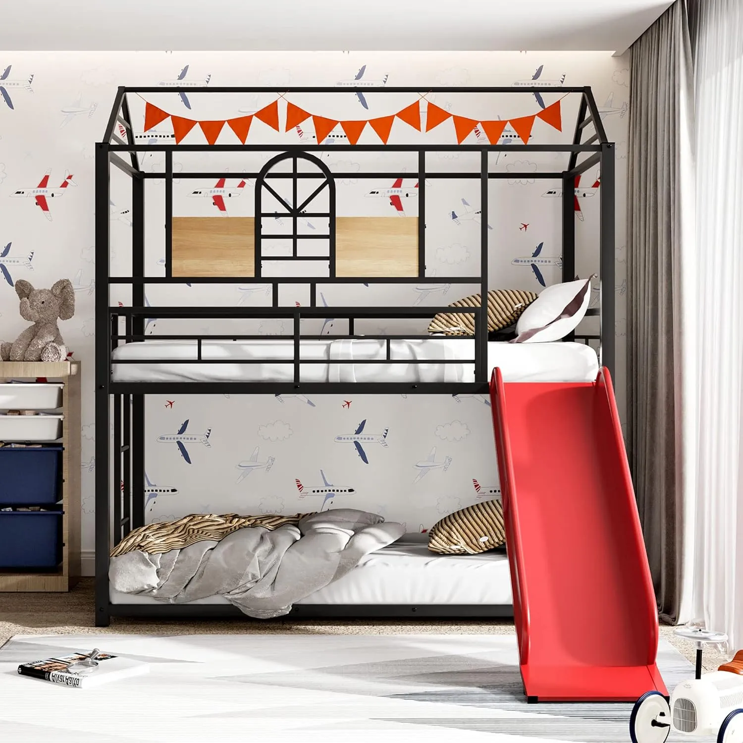 Twin Over Twin Metal Bunk Bed with Slide, House Bunk Bed with Roof and Guardrails for Kids, Teens, Girls, Boys (Black with Red Slide)