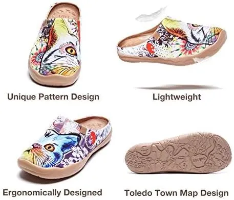 UIN Women's Slip On Mules Comfortable Flat Lightweight Wide Toe Clog Casual Art Painted Travel Shoes Malaga Series