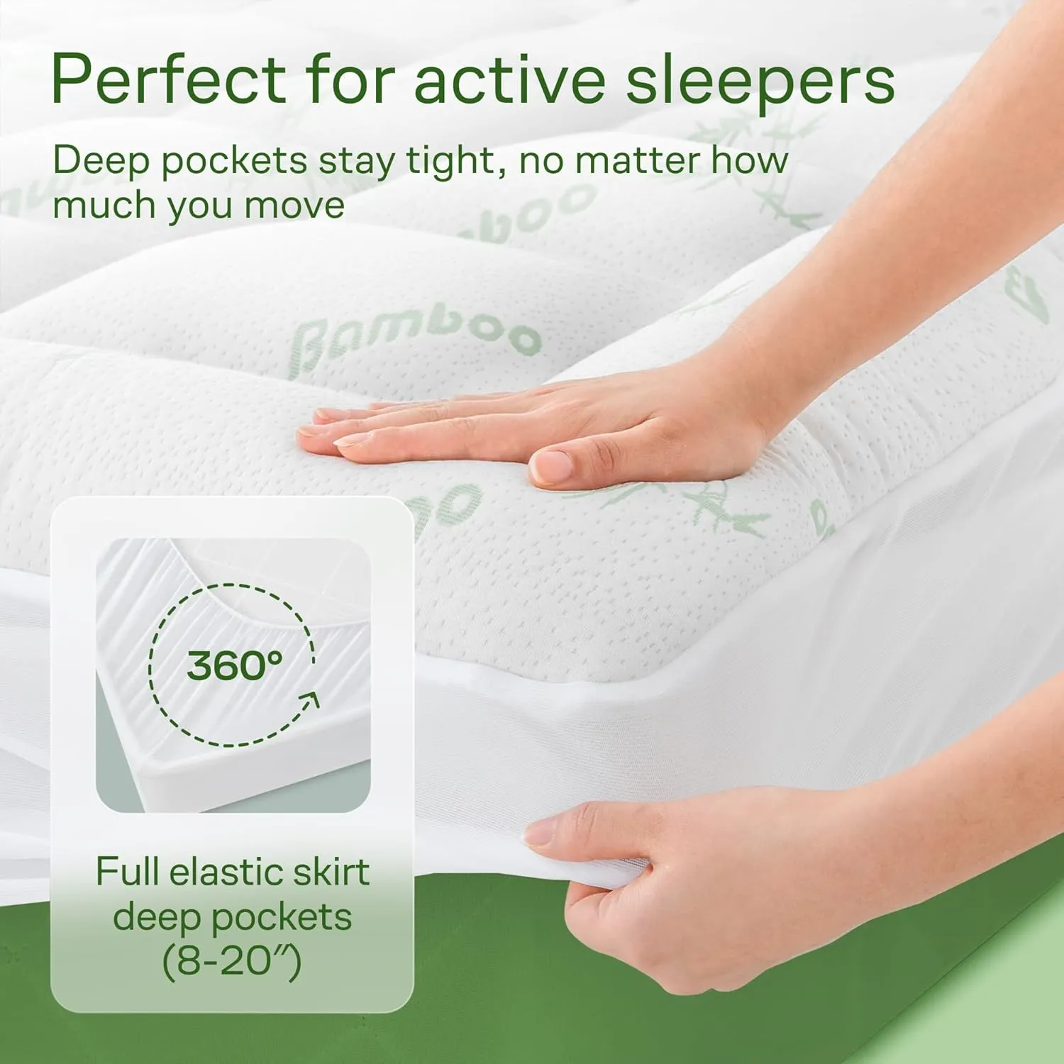 Ultra Soft Full Size Mattress Topper - Viscose Made from Bamboo Pillow Top Mattress Pad for Back Pain Relief - Naturally Cooling for Hot Sleepers, Green