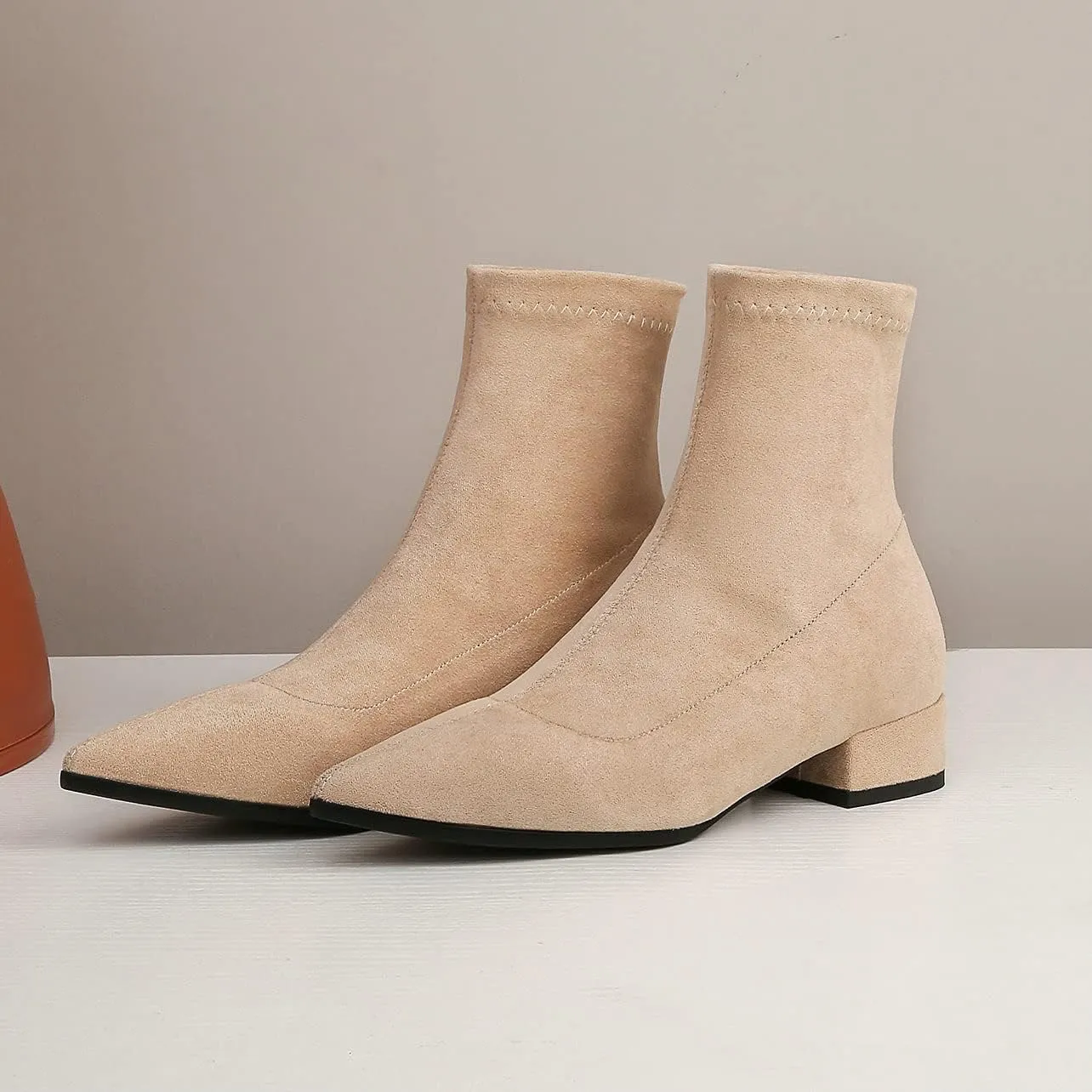 UniqueStride Suede Flat Ankle Boots for Women Pointed Toe Stretch Low Heel Slip On booties