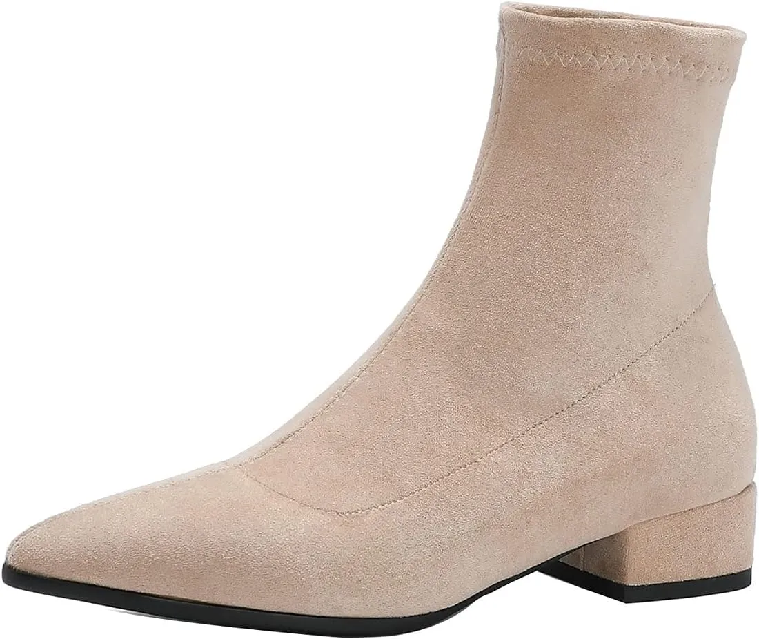 UniqueStride Suede Flat Ankle Boots for Women Pointed Toe Stretch Low Heel Slip On booties