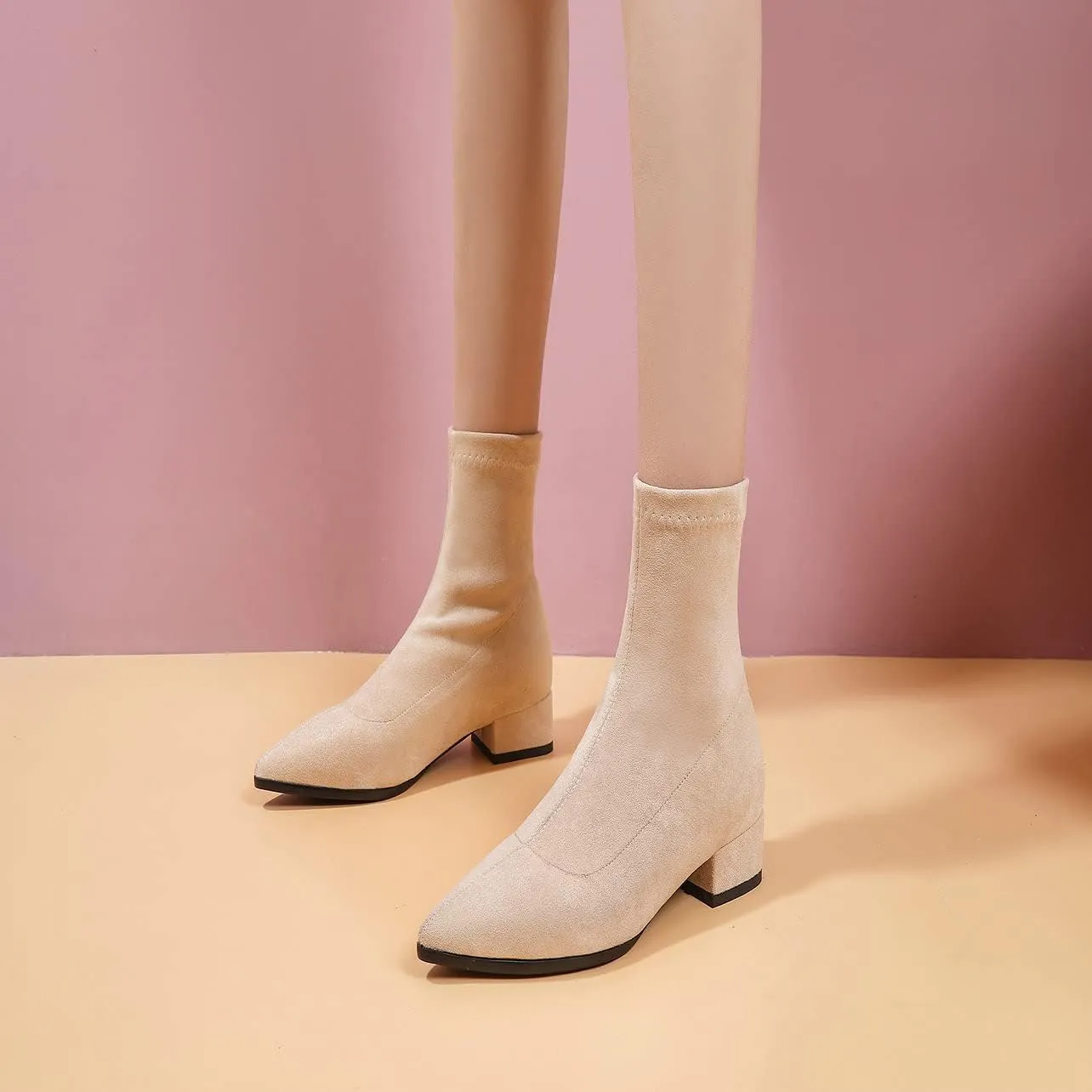 UniqueStride Suede Flat Ankle Boots for Women Pointed Toe Stretch Low Heel Slip On booties