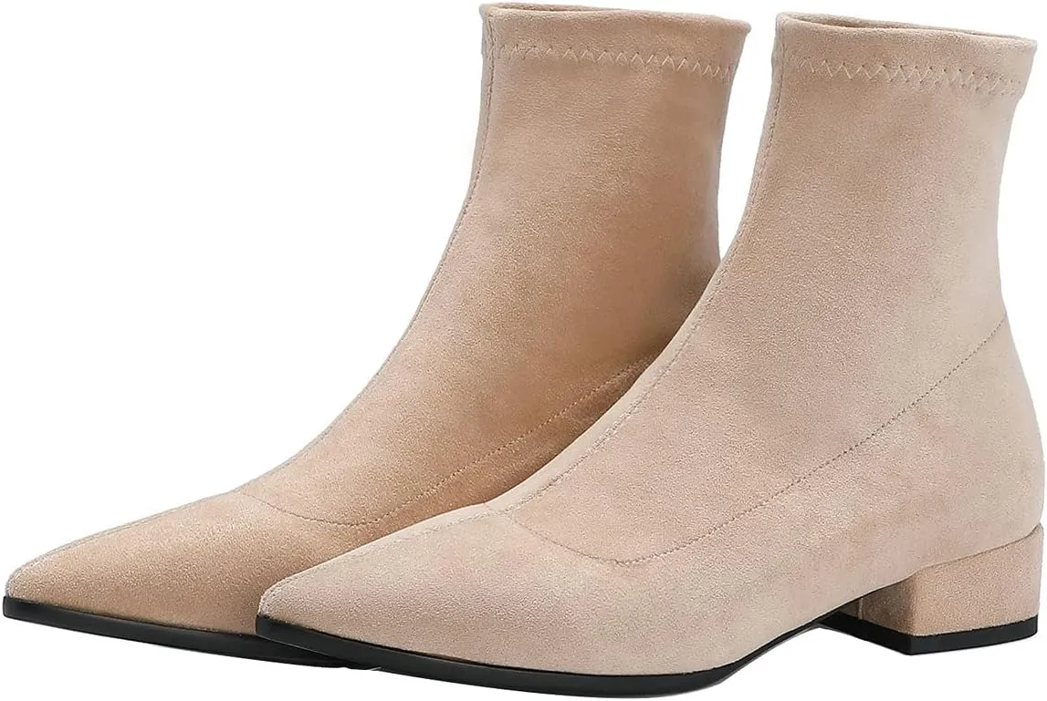 UniqueStride Suede Flat Ankle Boots for Women Pointed Toe Stretch Low Heel Slip On booties