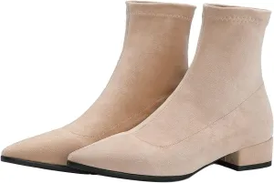 UniqueStride Suede Flat Ankle Boots for Women Pointed Toe Stretch Low Heel Slip On booties