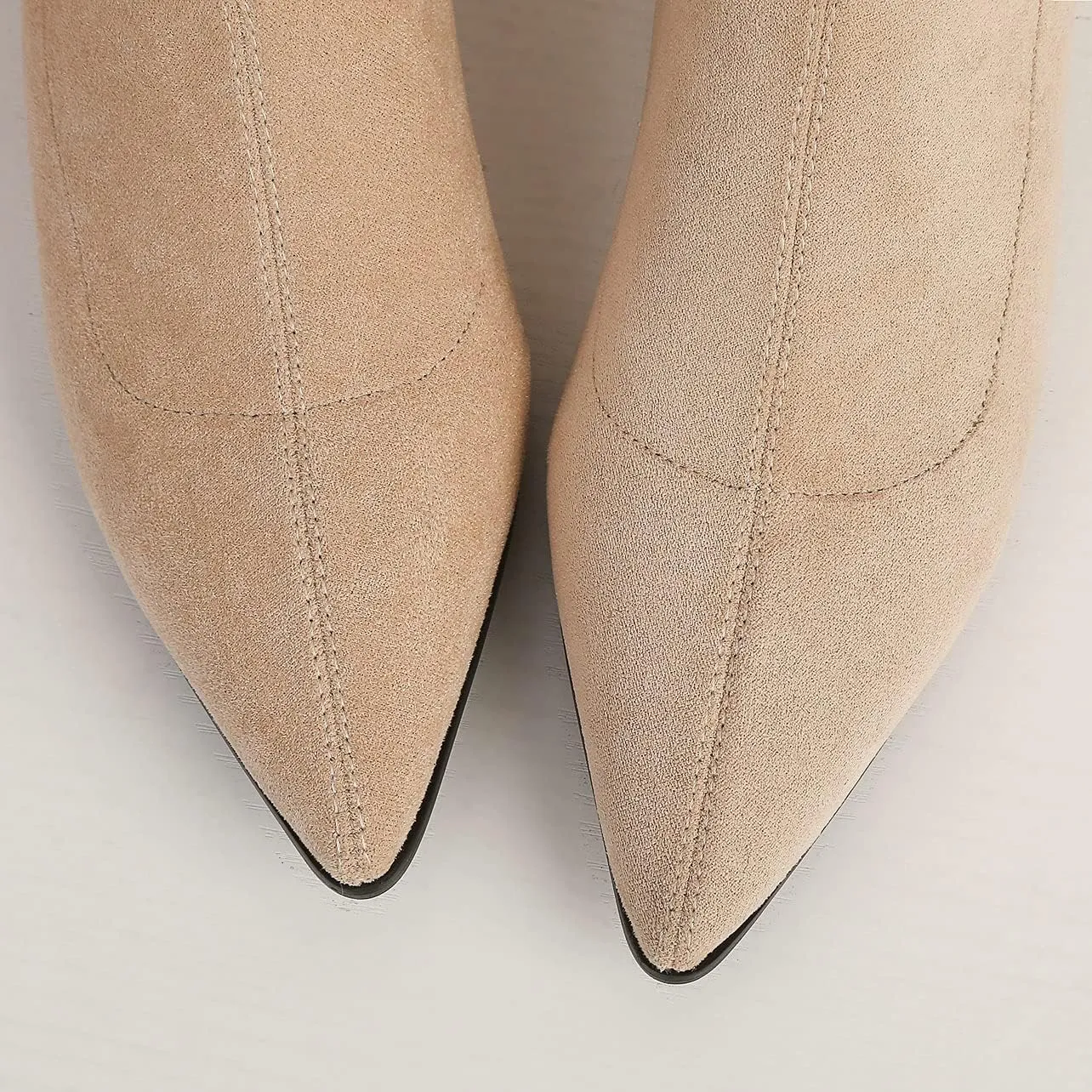 UniqueStride Suede Flat Ankle Boots for Women Pointed Toe Stretch Low Heel Slip On booties