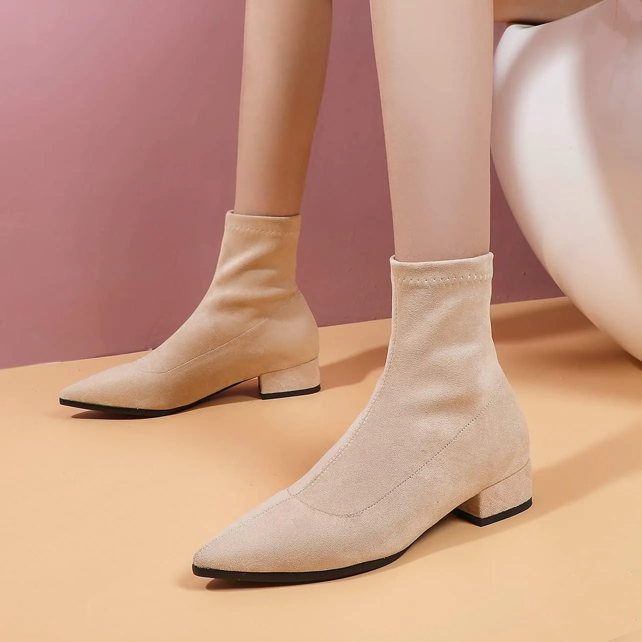 UniqueStride Suede Flat Ankle Boots for Women Pointed Toe Stretch Low Heel Slip On booties