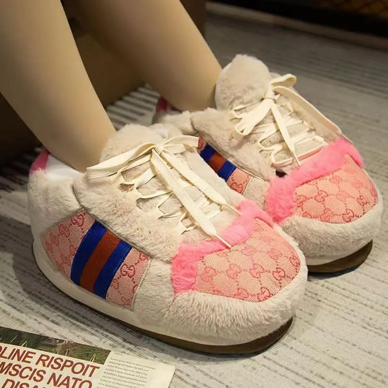 Unisex Fluffy Sneaker Slippers, Comfy Non-Slip Warm Indoor/Outdoor Plush Slippers