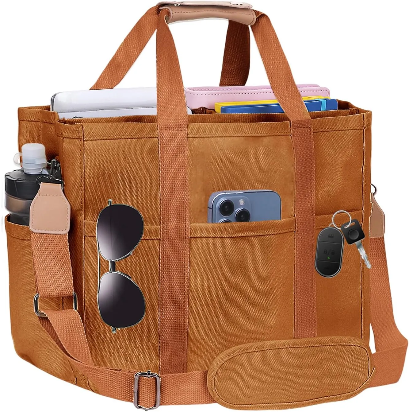 Utility Large Canvas Tote Bag with 13 Pockets Compartments, Multi Crossbody Tote Bag Work Shoulder Bag Travel Bag