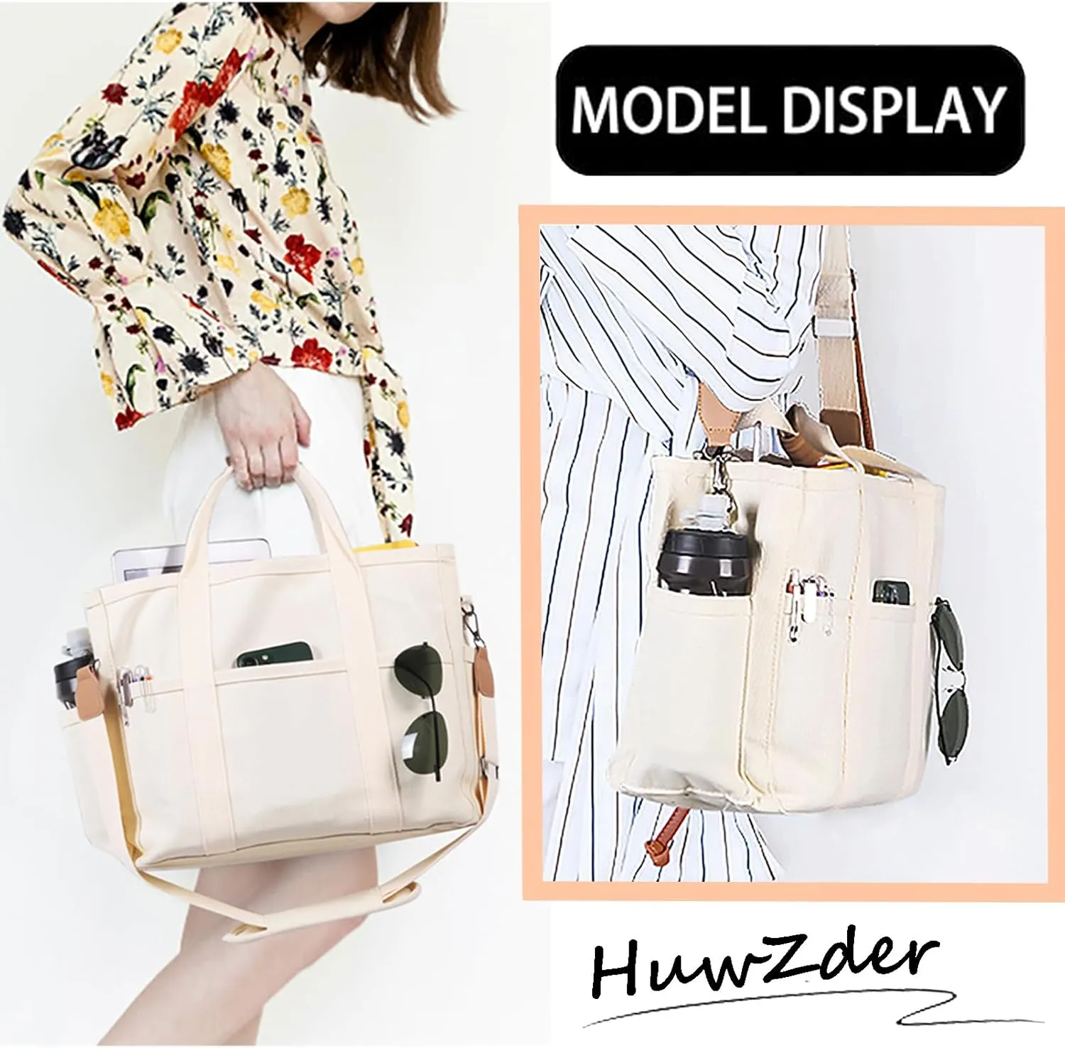 Utility Large Canvas Tote Bag with 13 Pockets Compartments, Multi Crossbody Tote Bag Work Shoulder Bag Travel Bag