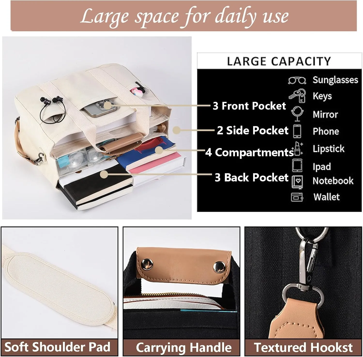 Utility Large Canvas Tote Bag with 13 Pockets Compartments, Multi Crossbody Tote Bag Work Shoulder Bag Travel Bag