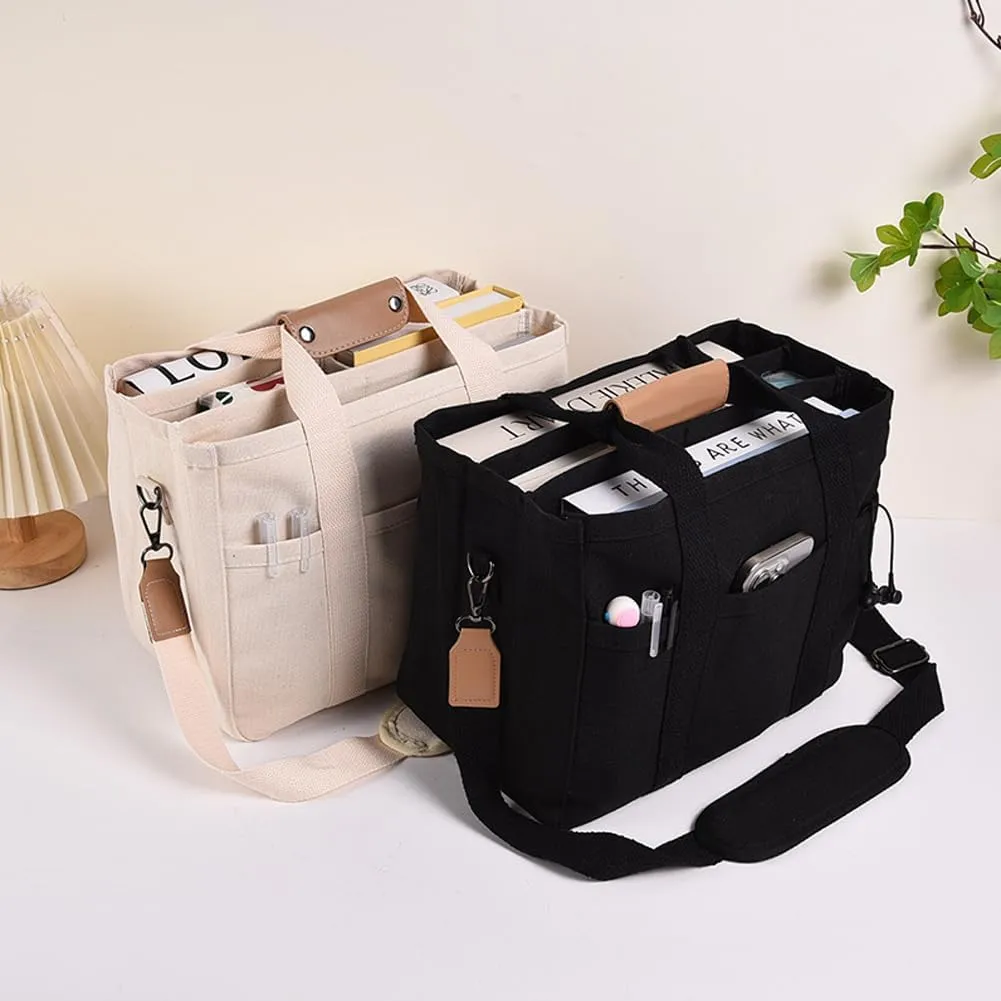 Utility Large Canvas Tote Bag with 13 Pockets Compartments, Multi Crossbody Tote Bag Work Shoulder Bag Travel Bag