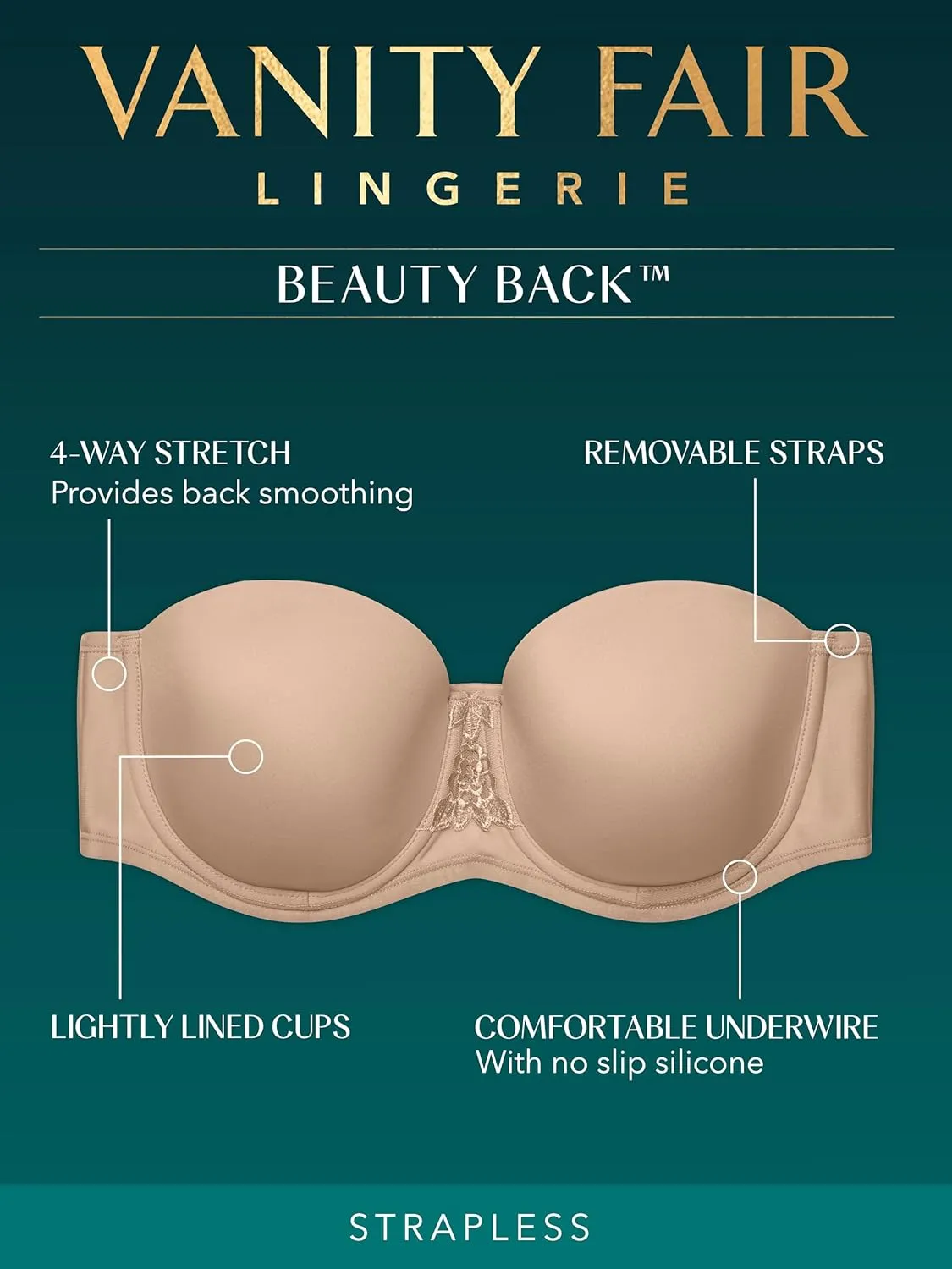 Vanity Fair Women's Beauty Back Smoothing Strapless Bra, 4-Way Stretch Fabric, Lightly Lined Cups Up to H